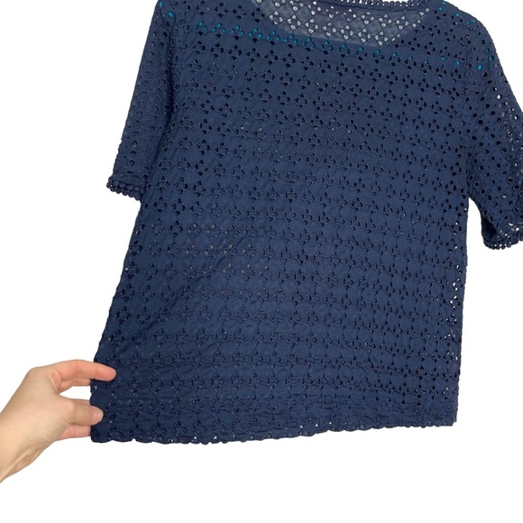 LOFT Navy Blue Geometric Eyelet Boxy Fit Short Sleeve Blouse - Picture 9 of 10